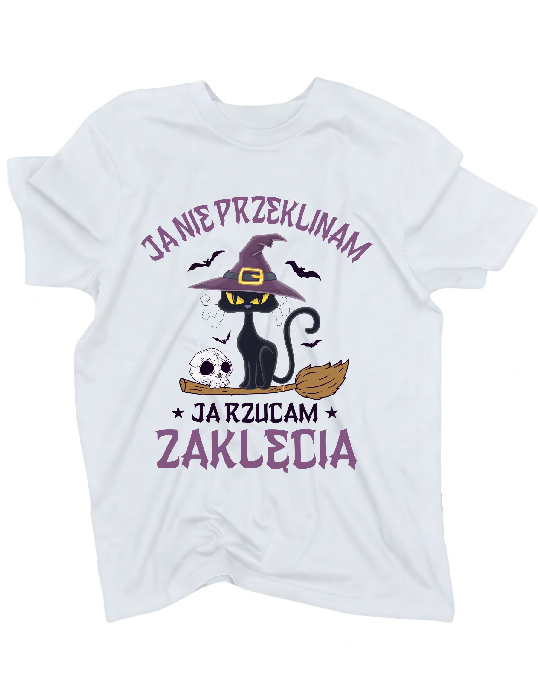 koszulka-ja-nie-przeklinam-biala biała koszulka damska z napisem 'Ja nie przeklinam ja rzucam zaklęcia' zaprezentowana na płasko