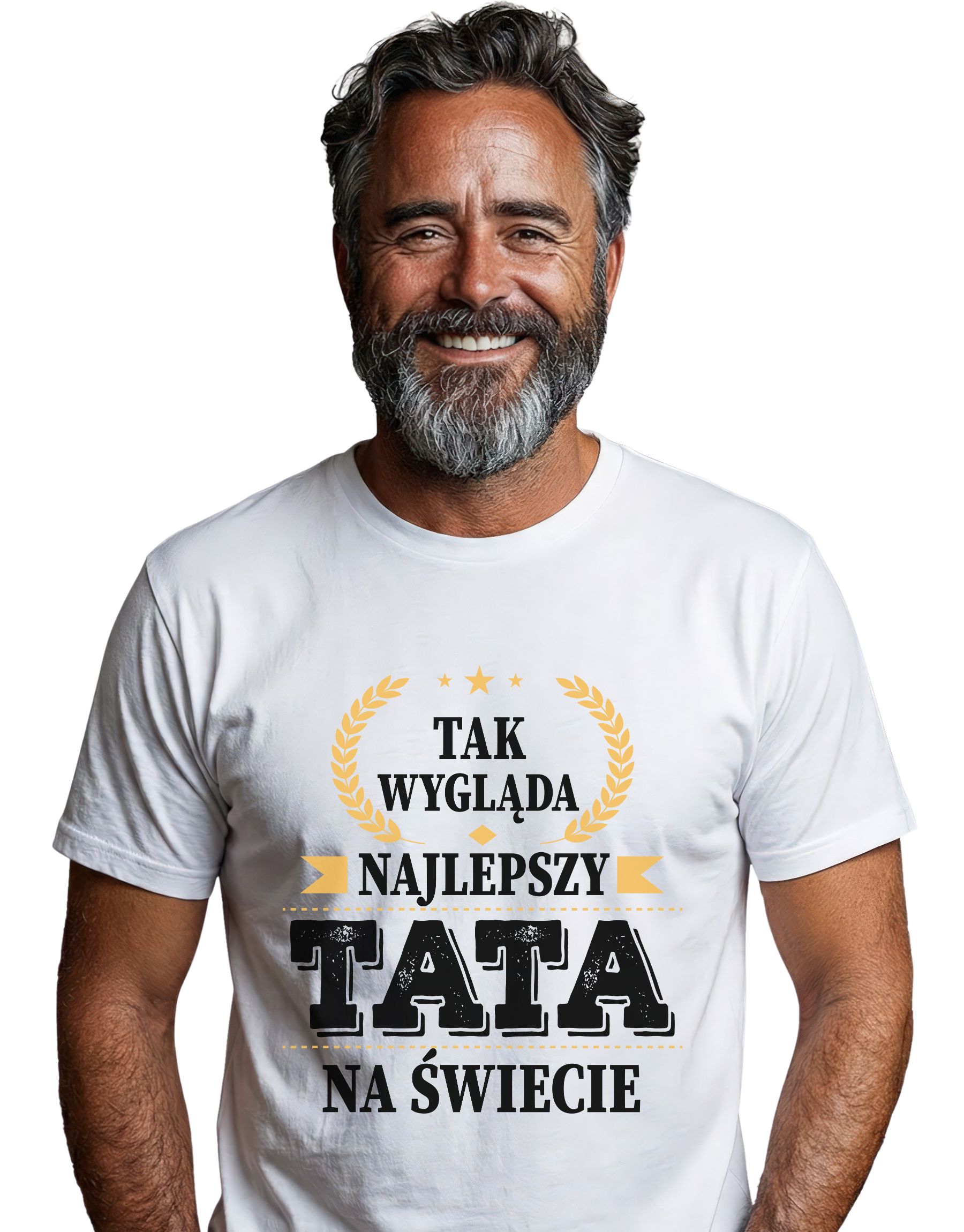 koszulka-najlepszy-tata-biala-model biała koszulka dla taty z napisem 'Tak wygląda najlepszy tata na świecie' zaprezentowana na modelu