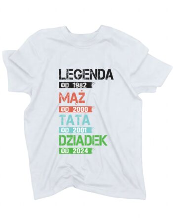 biała koszulka dla dziadka z napisem 'Legenda mąż tata dziadek' zaprezentowana na płasko