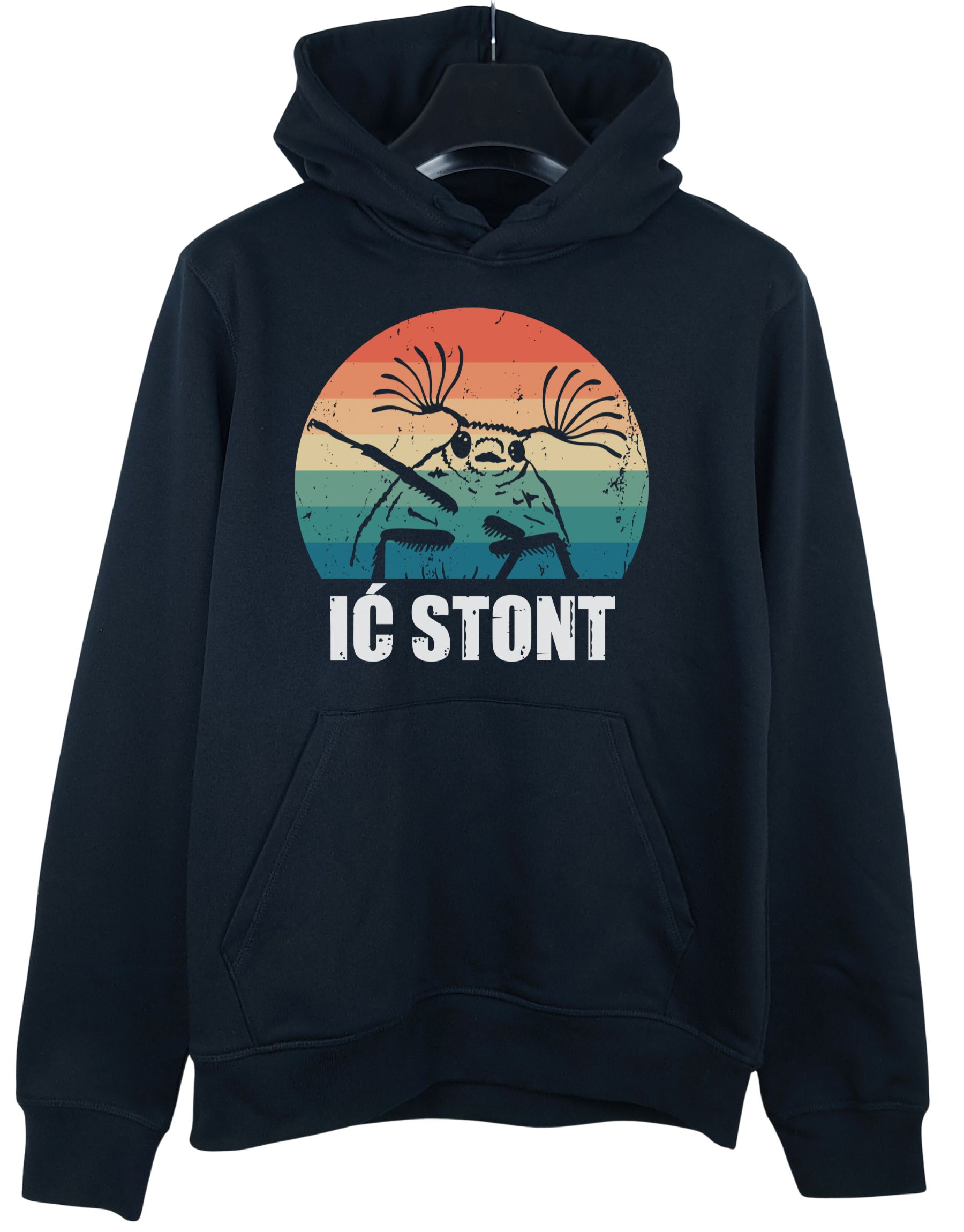 bluza-ic-stont-z-kapturem-czarna-wieszak czarna bluza z kapturem z napisem 'Ić stont' zaprezentowana na wieszaku