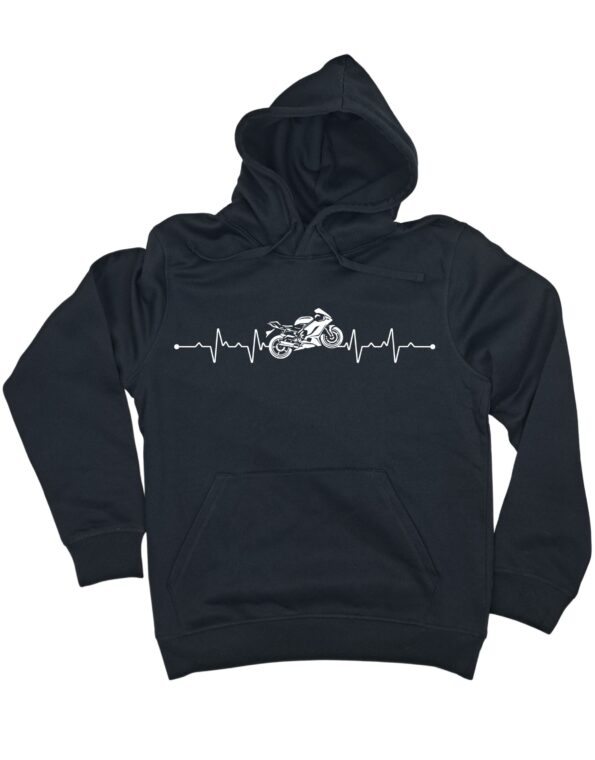 czarna bluza dla motocyklisty z kapturem z grafiką przedstawiająca linię EKG oraz motocykl zaprezentowana na płasko