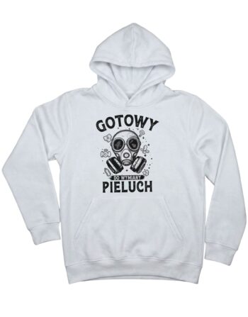 biała bluza z kapturem dla przyszłego taty z napisem 'Gotowy do wymiany pieluch' i grafiką przedstawiającą maskę przeciwgazową i symbole kojarzone z niemowlętami zaprezentowana na płasko