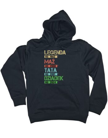 personalizowana czarna bluza z kapturem z napisem 'Legenda Mąż Tata Dziadek' zaprezentowana na płasko