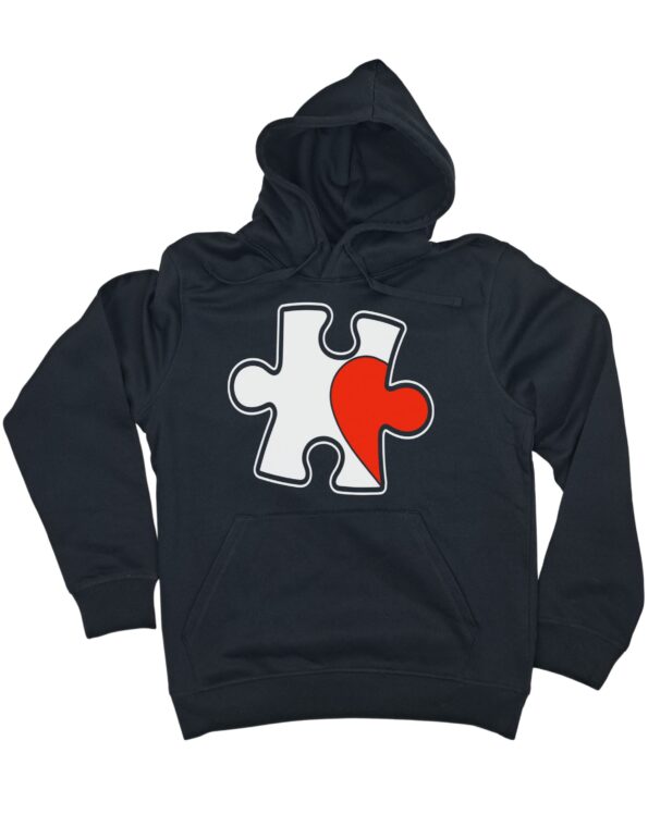 czarna bluza dla par z kapturem z grafiką puzzle lewy zaprezentowana na płasko