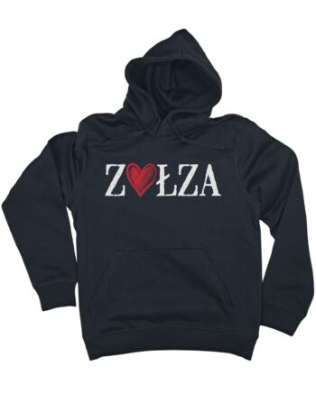 czarna bluza z kapturem damska z napisem 'Zołza' z motywem serca zaprezentowana na płasko
