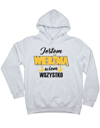 biała damska bluza z kapturem z napisem 'Jestem wiedźmą wiem wszystko' zaprezentowana na płasko