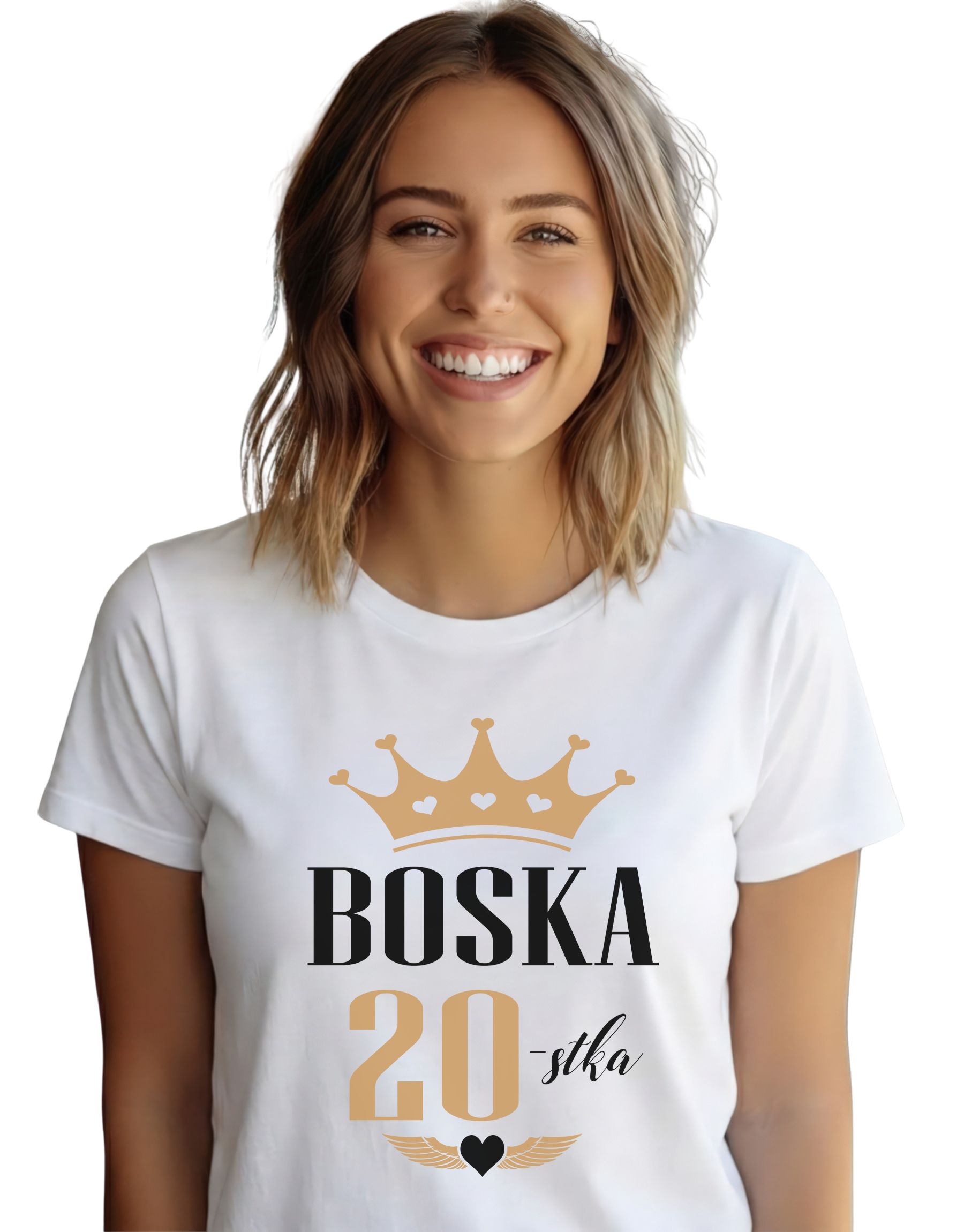 koszulka-boska-20-biala-na-modelce biała koszulka urodzinowa ze śmiesznym napisem 'Boska 20' zaprezentowana na modelce