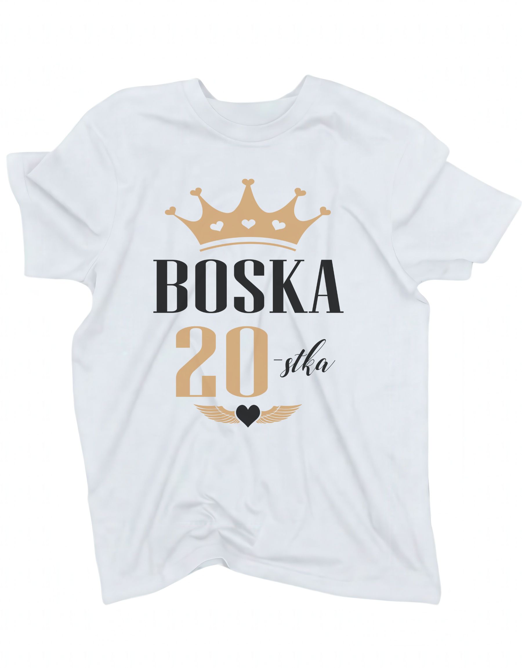 koszulka-boska-20-biala biała koszulka urodzinowa ze śmiesznym napisem 'Boska 20' zaprezentowana na płasko