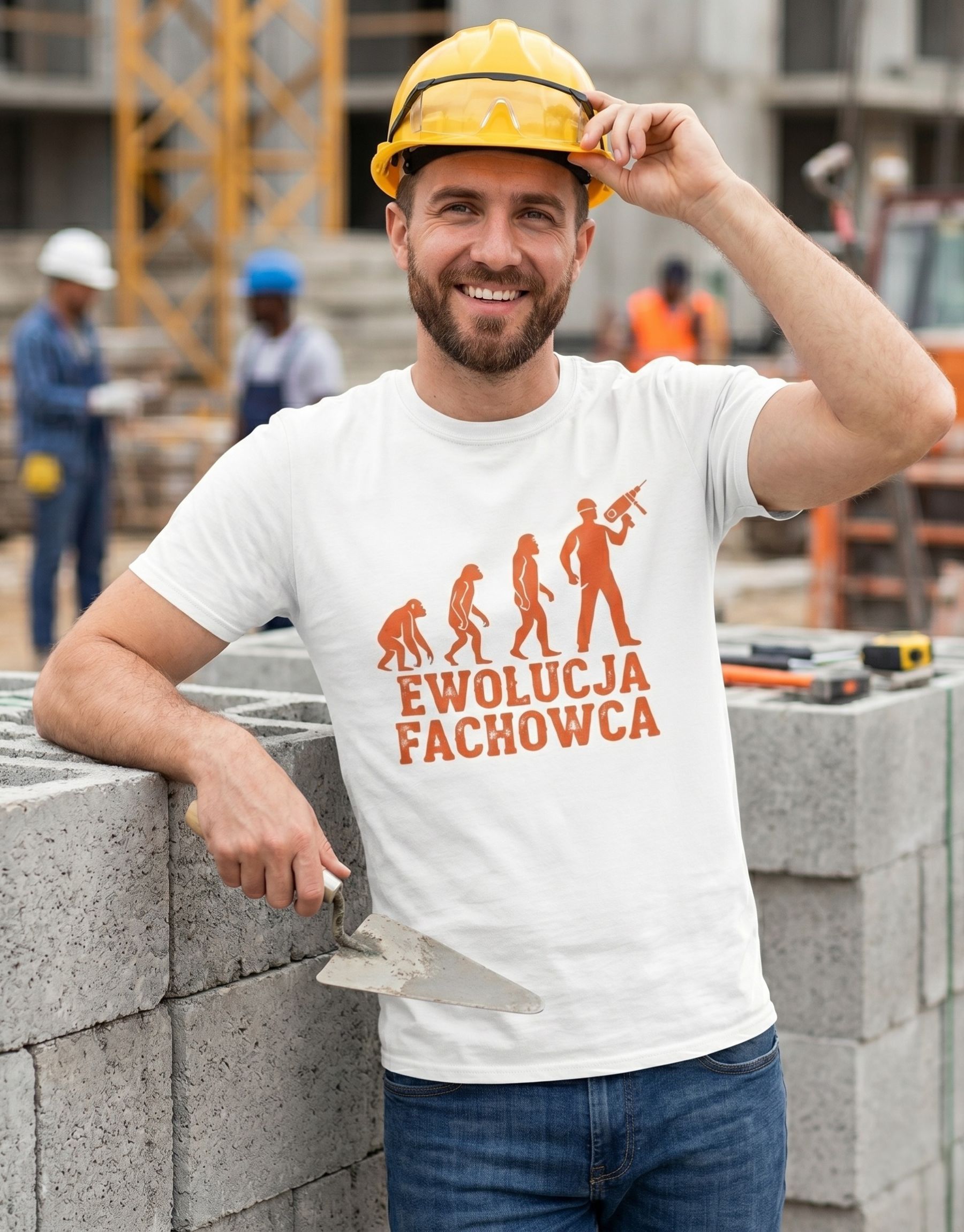 koszulka-budowlaniec-ewolucja-fachowca-unisex-biala-meska koszulka budowlaniec ewolucja fachowca unisex biala meska