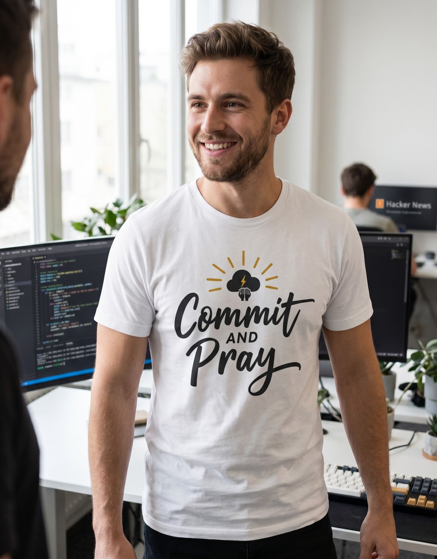 koszulka-programista-commit-and-pray-unisex-biala-meska-model koszulka programista commit and pray unisex biala meska model
